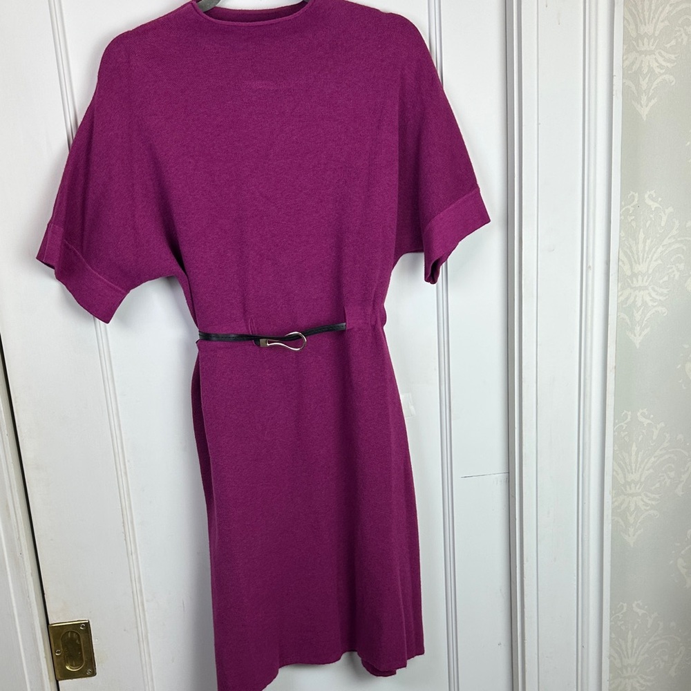 Elegant Magenta Sweater Dress with Belt Feels Luxurious On.
